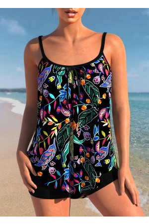 Plus Size Leaf Print Black Tankini Set