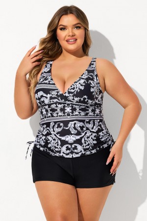 Black Cloudy Pattern V Neck Adjustable Strap Plus Size Tankini Set