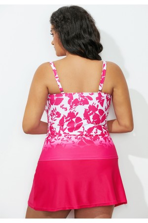 Fuchsia Floral Sweetheart Neckline Tankini Top With Skirt
