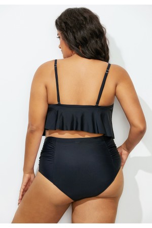 Black Flounce Overlay Scoop Neck Bikini Set