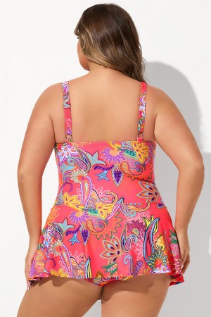 Red Floral Print Sweetheart Neck Adjustable Strap Plus Size Swimdress