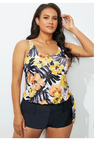 Yellow Floral Side Tie Blouson Tankini Set