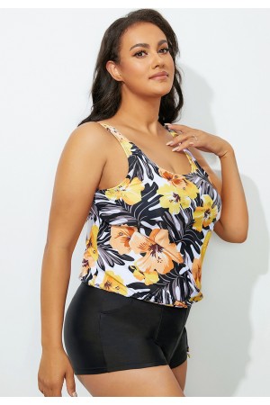 Yellow Floral Side Tie Blouson Tankini Set