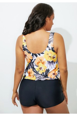 Yellow Floral Side Tie Blouson Tankini Set